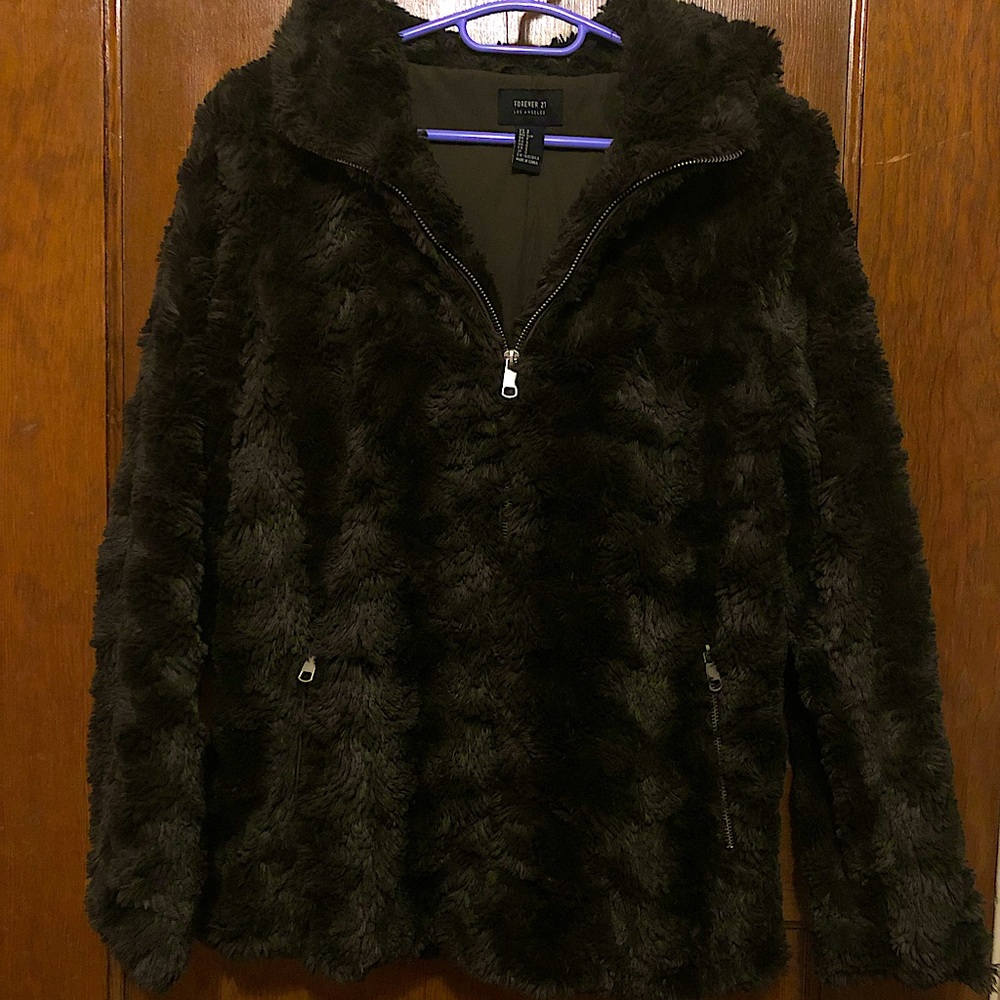 Forever 21 - Black Faux Fur, Hooded Coat.